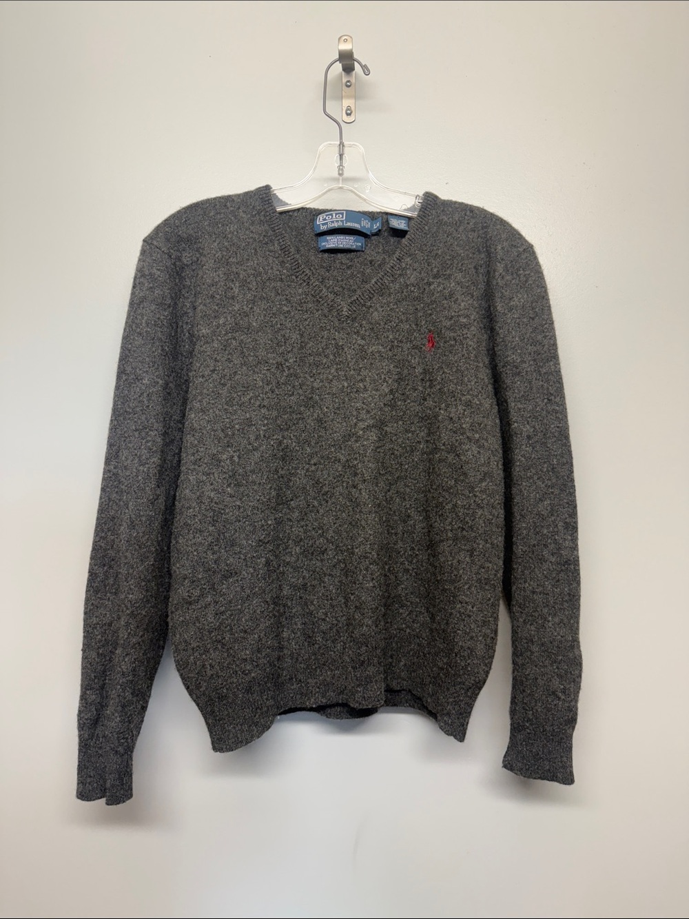 Polo by Ralph Lauren 100% Lambswool Dark Gray V-Neck Crew Sweater with Red Pony